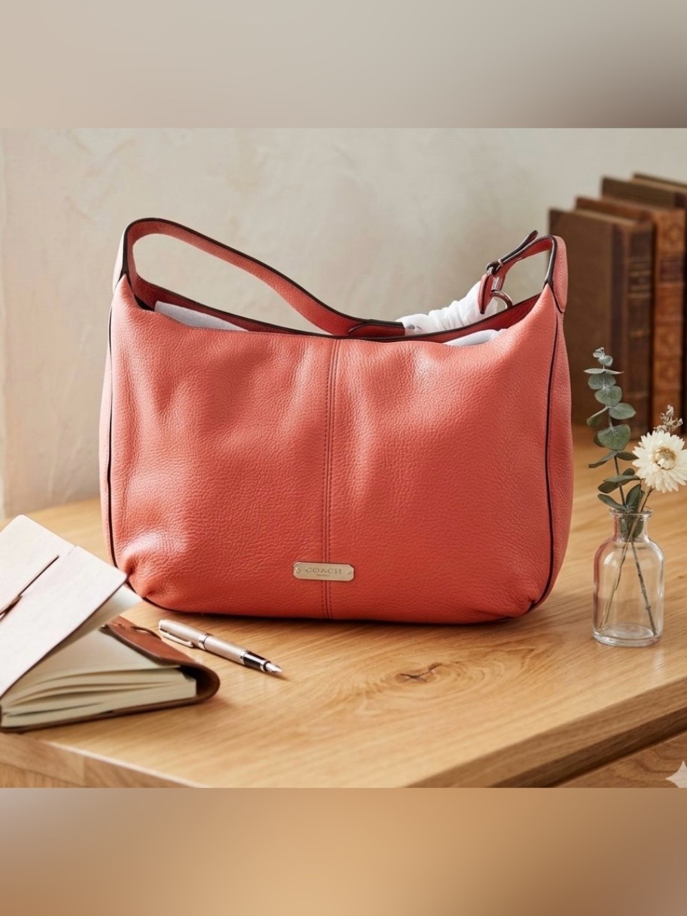 Coach Avery Coral Pink Pebbled Leather Hobo Shoulder Bag F23960